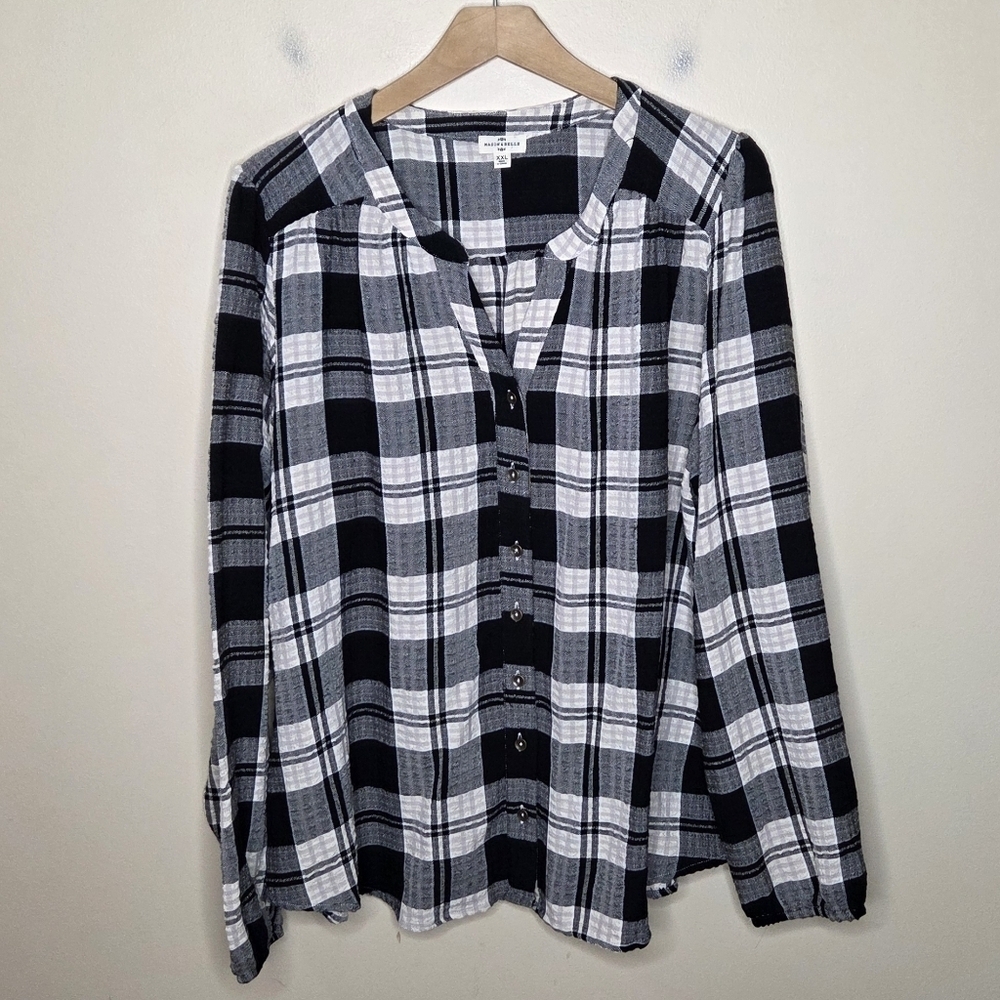 Mason & Belle | Ivory & Black Textured Plaid Button Front Shirt Size XXL